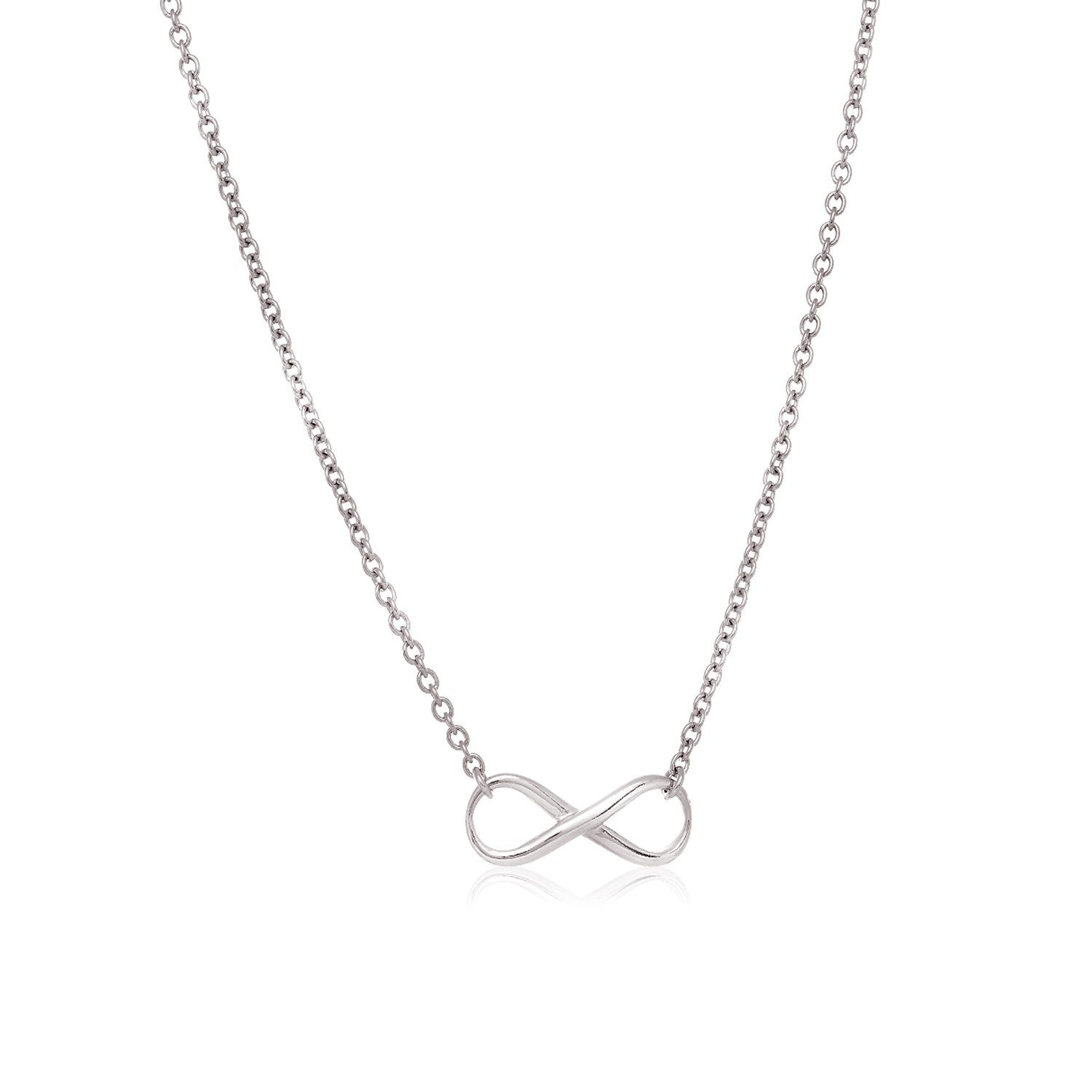 Sterling Silver Infinity Symbol Necklace in a sleek high-contrast midnight luxury editorial style